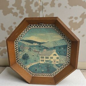 Vintage Wooden Wall Hanging Tray Folk Art Country Farmhouse Scene Octagon Rustic